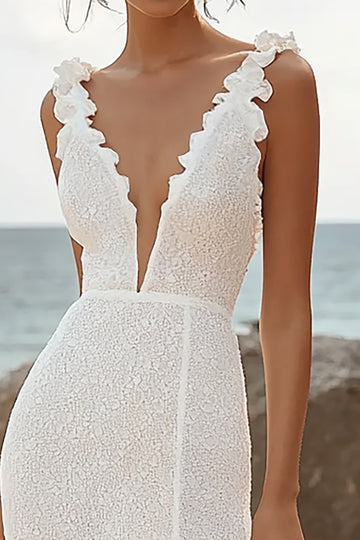 Ivory Mermaid Deep V-Neck High-Low Engagement Dress
